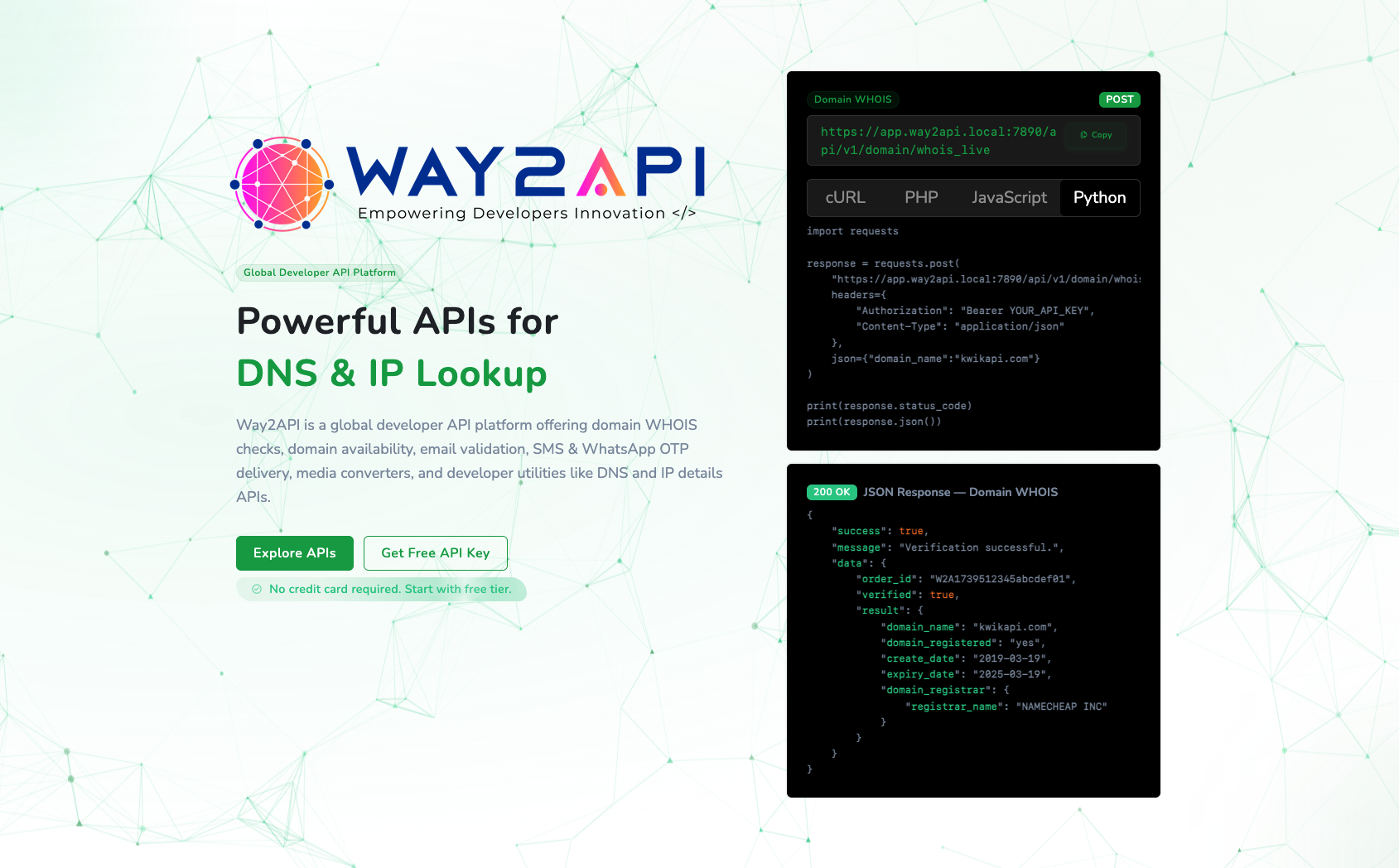 Api Hom 2 Way2API — Global Developer API Platform | Domain, Email, OTP, Media ...